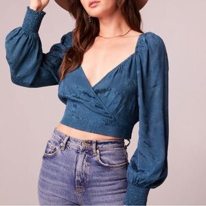 Band of the Free Camille Deep Teal Satin  Floral Crossover Crop Top, Size L, NWT